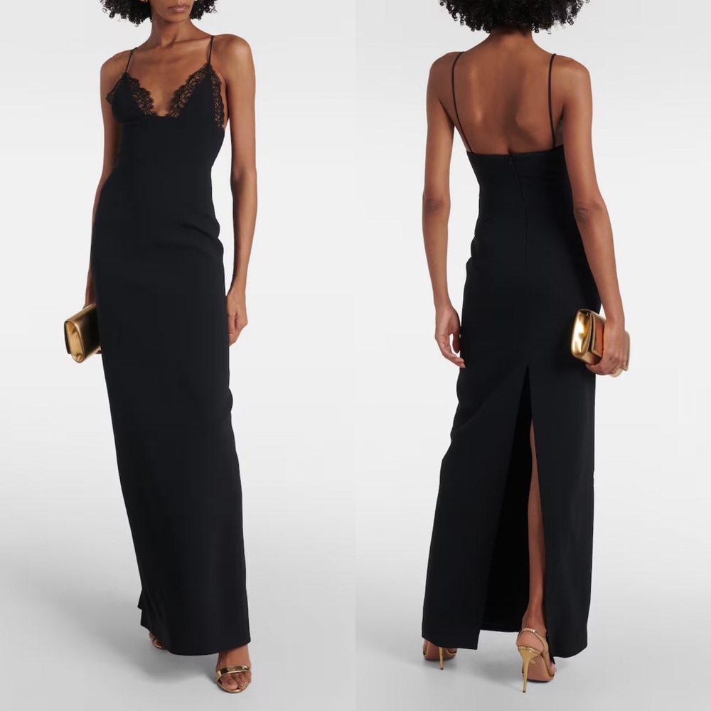 NEW NWT David Koma Lace Trim Cami Top Detail Gown Cady & Lace In Black